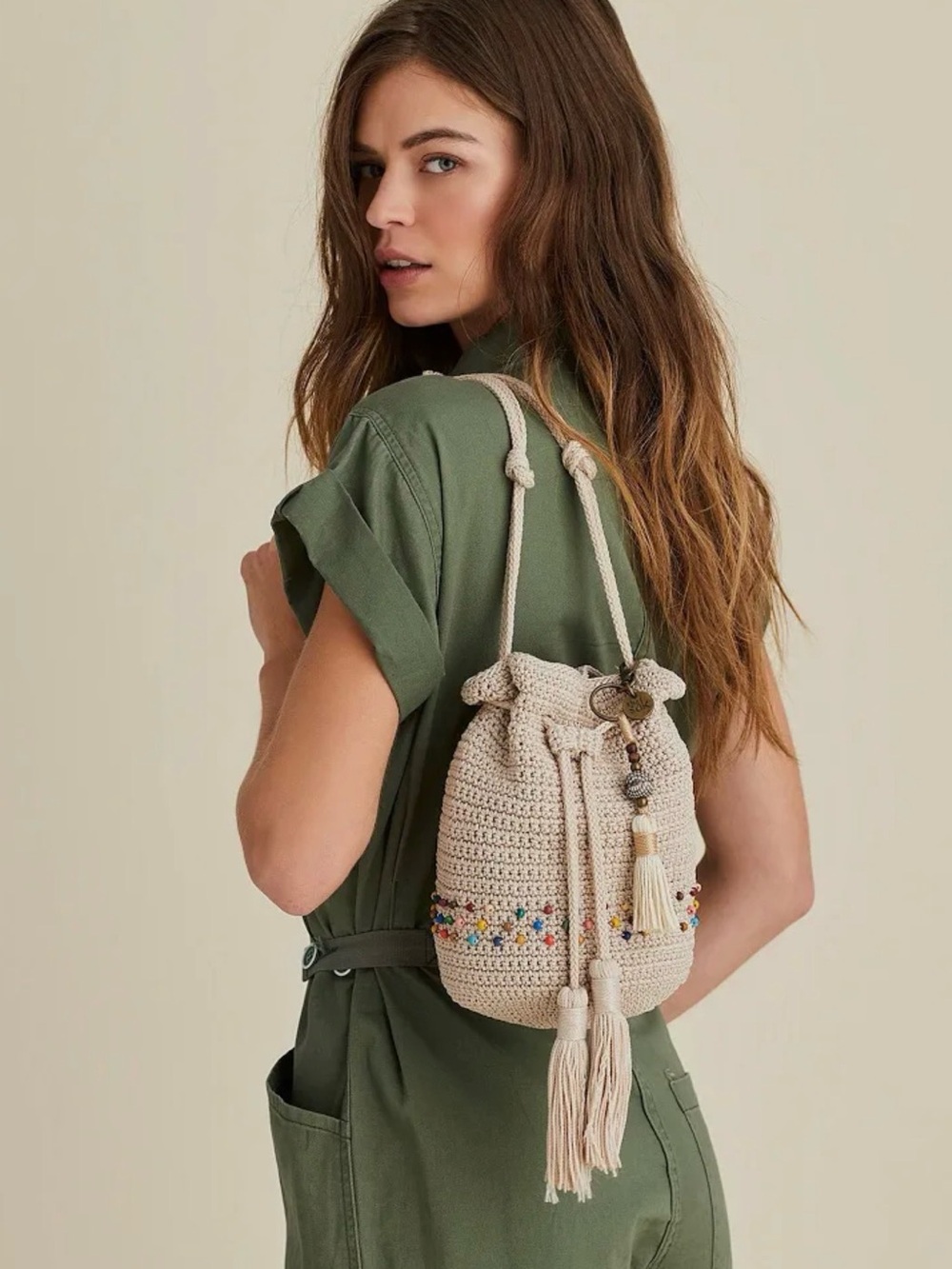 The Sak Crocheted Drawstring Bag w/Tassel Keychain & Bead Trim